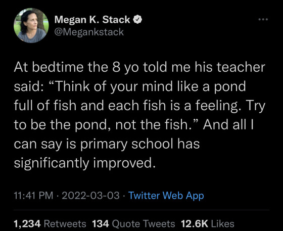  At bedtime the 8 yo told me his teacher
said: Think of your mind like a pond
full of fish and each fish is a feeling. Try
to be the pond, not the fish. And all I
can say is primary school has
significantly improved.