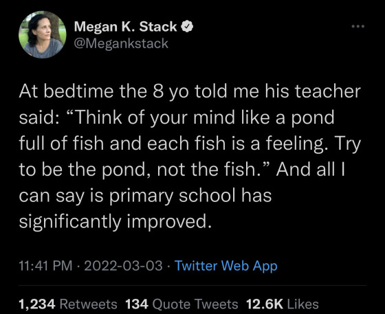  At bedtime the 8 yo told me his teacher
said: Think of your mind like a pond
full of fish and each fish is a feeling. Try
to be the pond, not the fish. And all I
can say is primary school has
significantly improved.